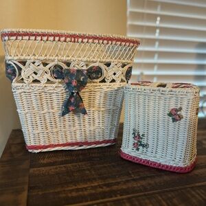 Beautiful vintage wicker small trash can and tissue box holder